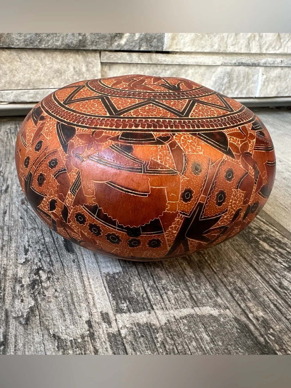 Vintage Hand Carved Gourd Peruvian  Decor Art
